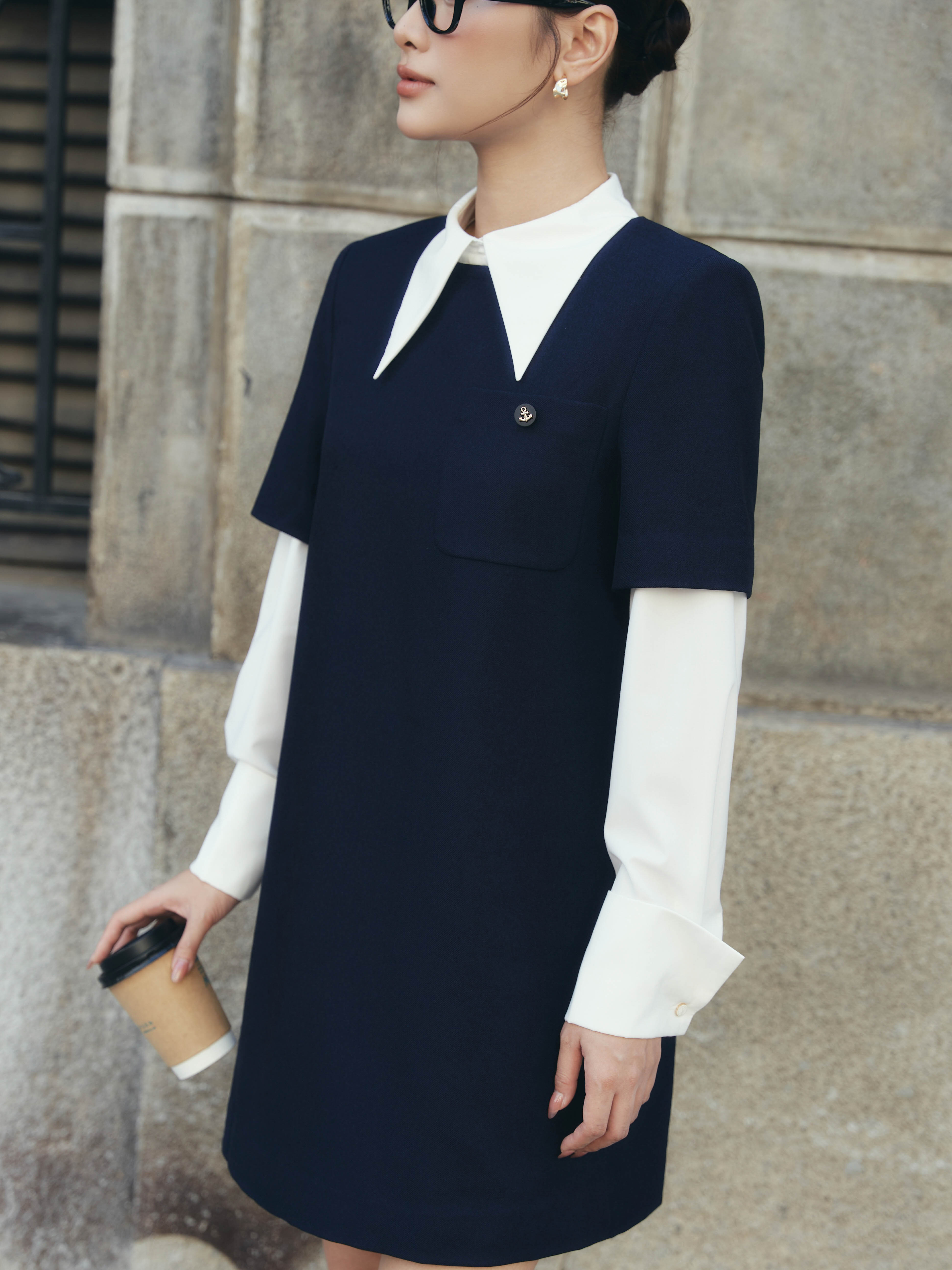 Váy liền suông tay cộc có túi ngực